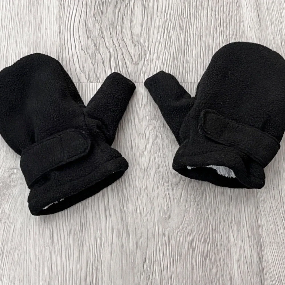 Toddler Kids Black Knit Beanie Hat & Mittens Set One Size